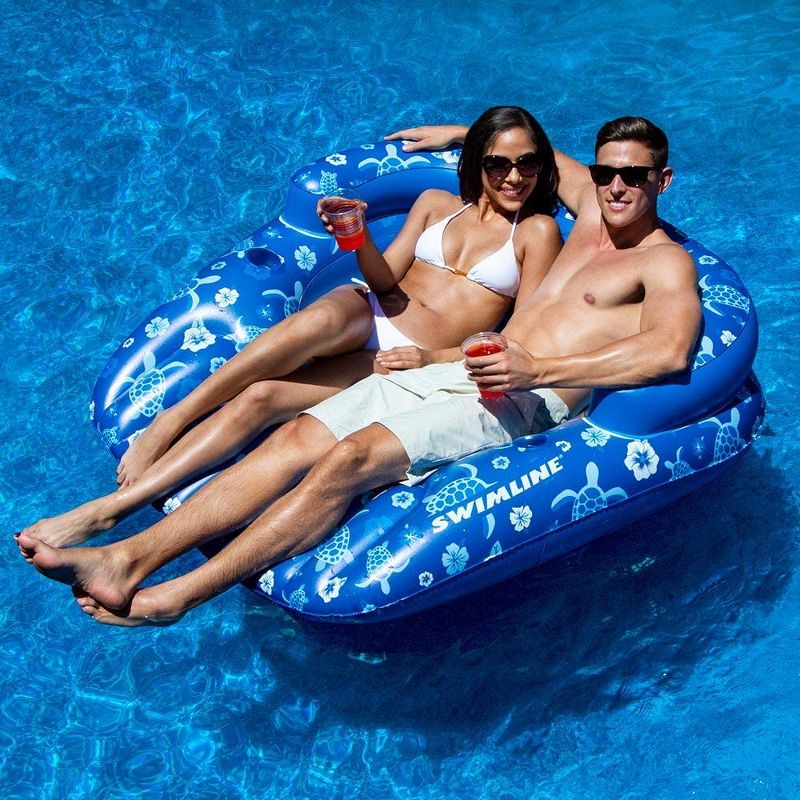 Swimline 90482 2 Person Tropical Print Inflatable Float with Removable Center Seat/Drink Caddy, 2 Cup Holders, and Armrest, Blue