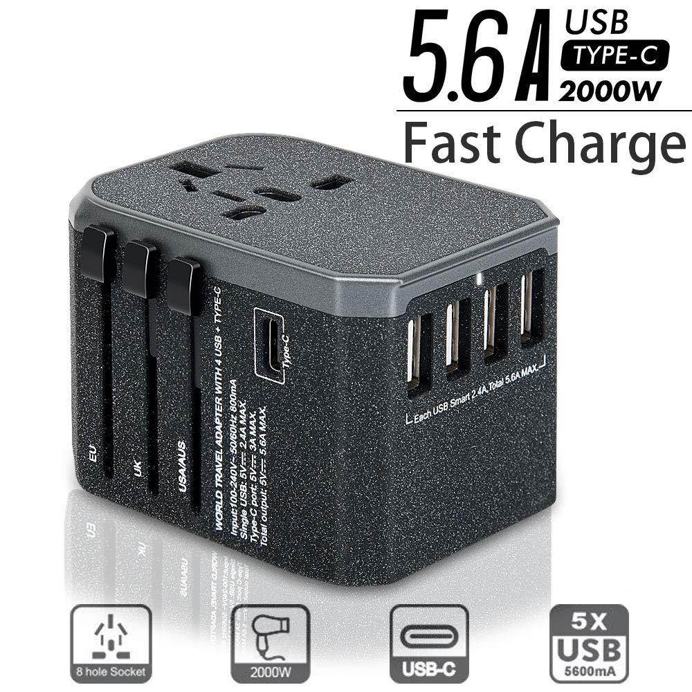 Universal Power Adapter for US AU UK Europe Over 150 Countries-Evershop All in One Worldwide International Wall Charger AC Plug Adaptor with 5.6A Smart Power USB and 3.0A USB Type-C