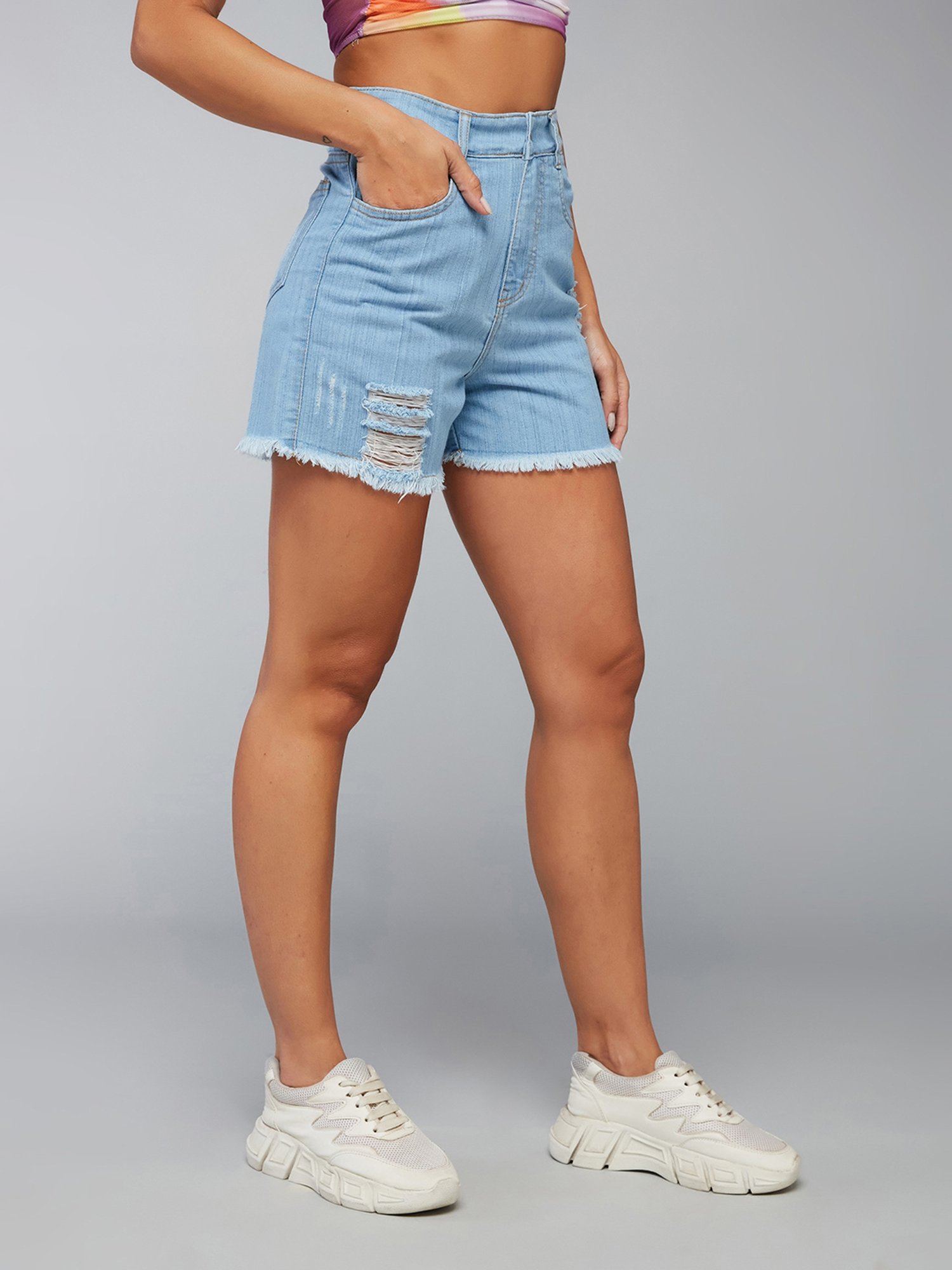 DOLCE CRUDO Light Blue Denim Distressed Mid Rise Shorts