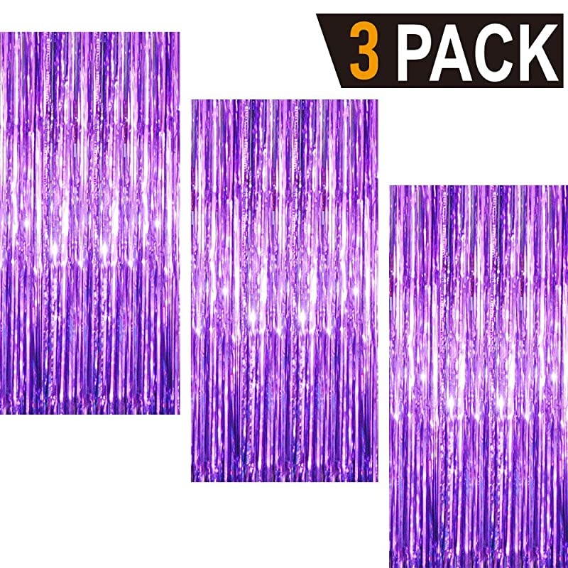 32 ft x 98 ft Metallic Tinsel Foil Fringe Curtains for Party Photo Backdrop Wedding Decor 3 PacksPurple