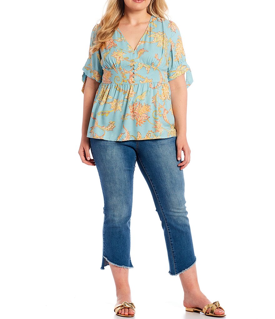 Jessica Simpson Plus Size Paisley Print V-Neck Tie Short Sleeve Empire-Waist Peplum Top