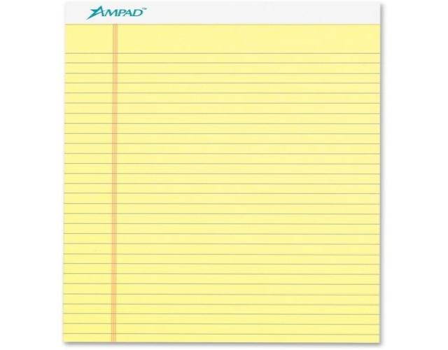 Ampad Basic Perforated Writing Pads - 50 Sheet - 15 lb - Legal/Wide Ruled - Legal 8.50quot; x 11.50quot; - 12 / Dozen - Canary Yellow Paper