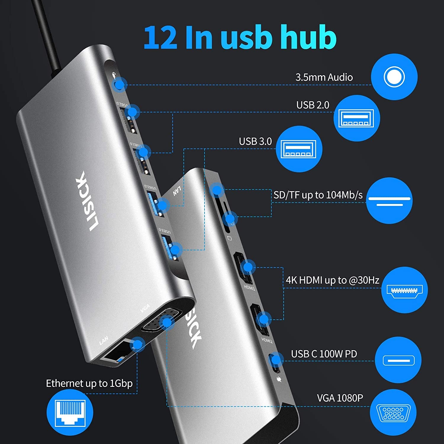 USB C Hub 12-in-1 Type C Hub Adapter with 4K HDMIVGA2 USB 3.02 USB 2.0100W PDRJ45 EthernetUSB-C Data Port and SD/TF Docking Station and Audio/Mic for MacBook/Pro/Air USB C Docking Station