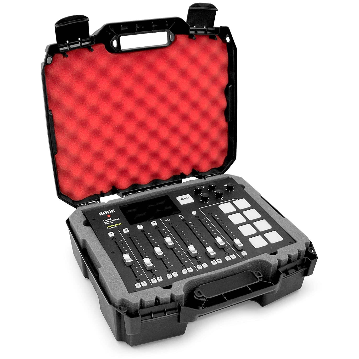 Casematix Studio Mixer Hard Case Fits Rode RODECaster Pro Podcast Production Studio Podcasting Microphone and Accessories, Red Padded Foam Protection