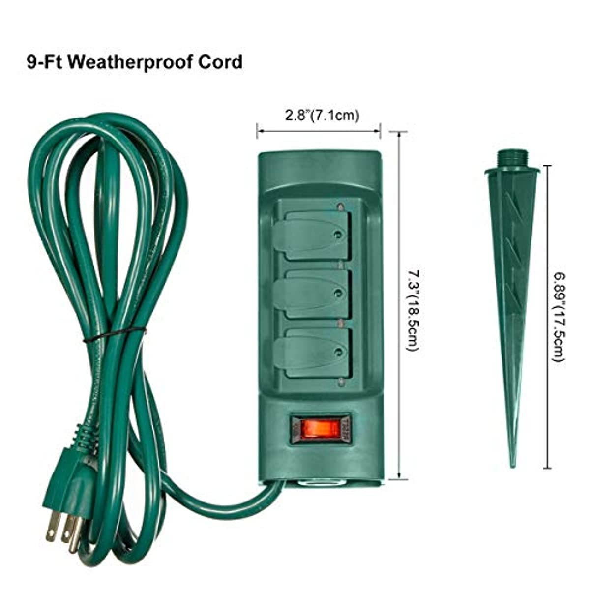 BESTTEN Outdoor Power Strip with Covers and Overload Protection Switch, Double Sided 6-Outlet Yard Power Stake with 9-Foot Long Extension Cord, ETL Certified, Green