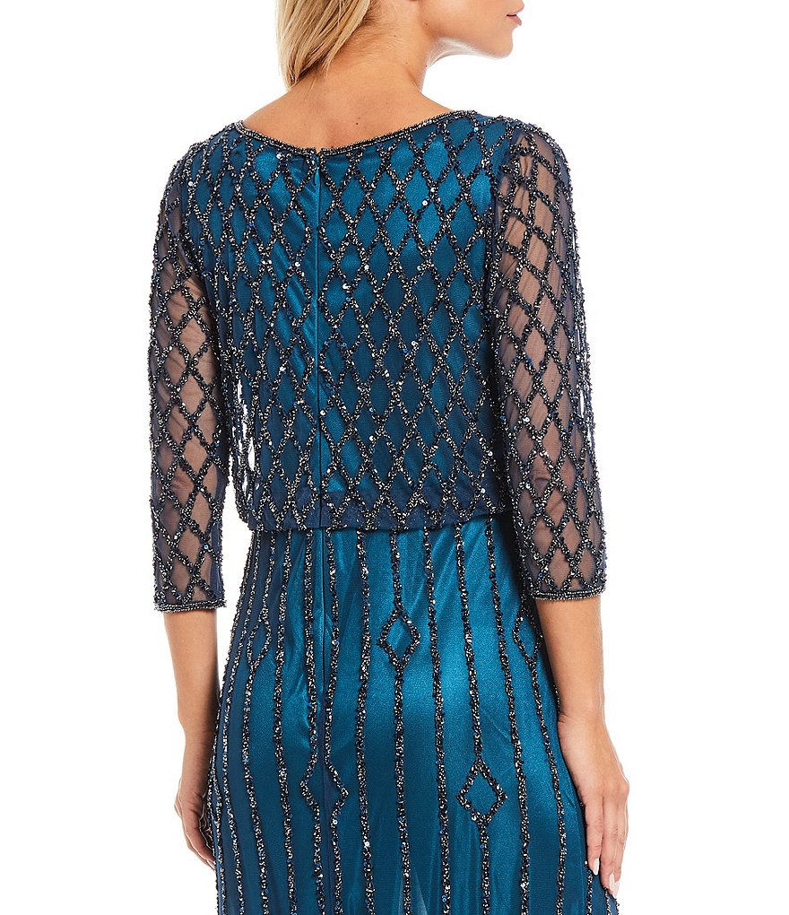 Kay Unger Long Bishop Sleeve V-Neck Crepe A-Line Dress