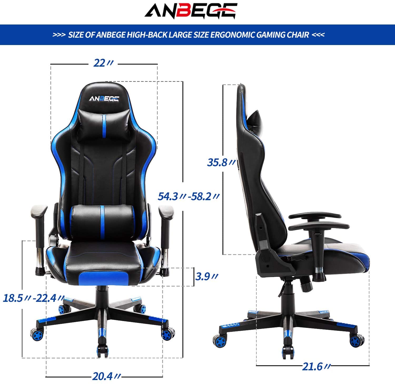 Gaming Chair Ergonomic Racing Style Game Chair Height Adjustable High Back with Massage Headrest and Lumbar Pillow Computer Chair (Blue)