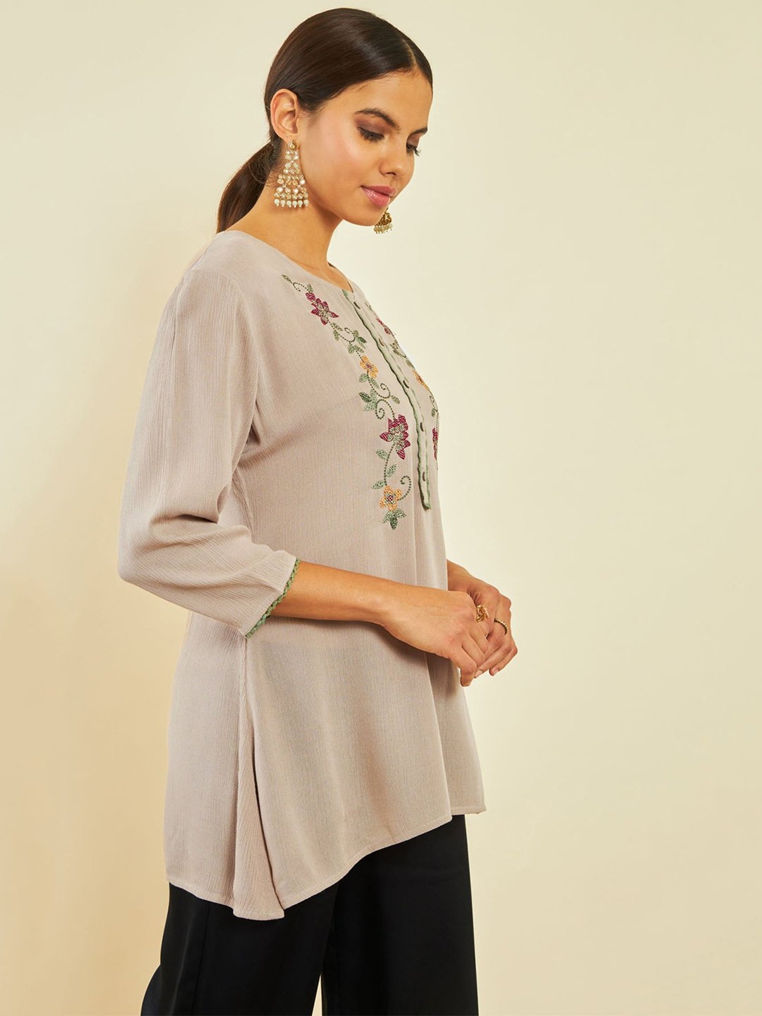 Soch Beige Crepe Floral Threadwork Embroidered Round-Neck Tunic