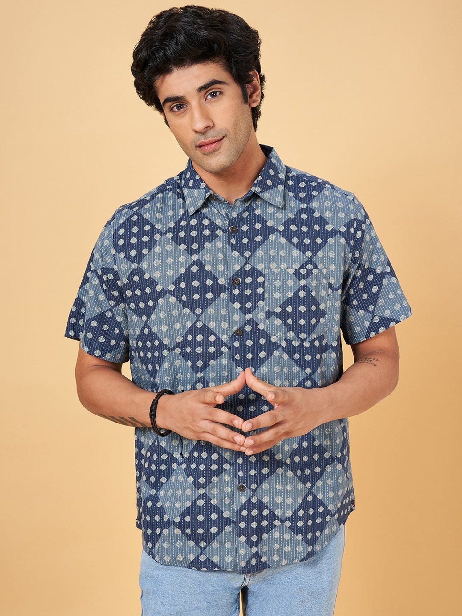 Indus Route by Pantaloons Navy Cotton Regular Fit Printed Shirt