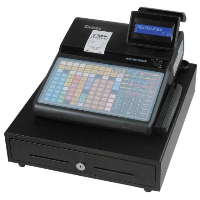 sam4s er920 electronic cash register, elegant and compact design, msr and thermal receipt printer, 150 keys flat keyboard, 16 character twoline display, black