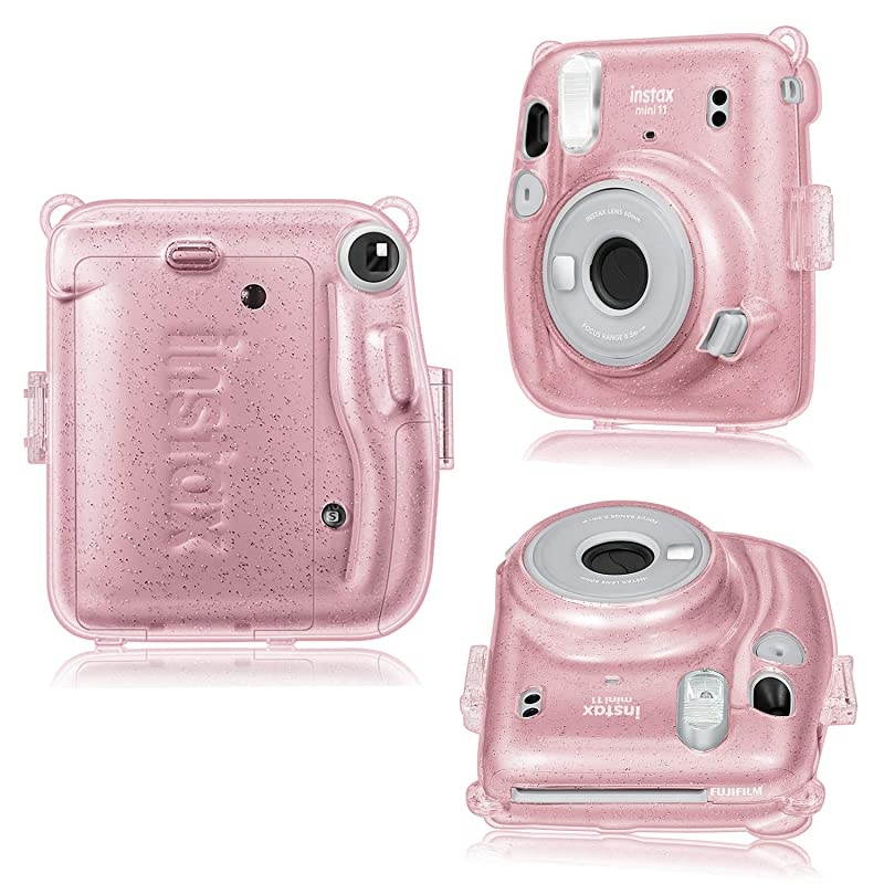 Protective Clear Case for Fujifilm Instax Mini 11 Instant Film Camera Crystal Hard PVC Cover with Removable Rainbow Shoulder Strap Glittering Pink