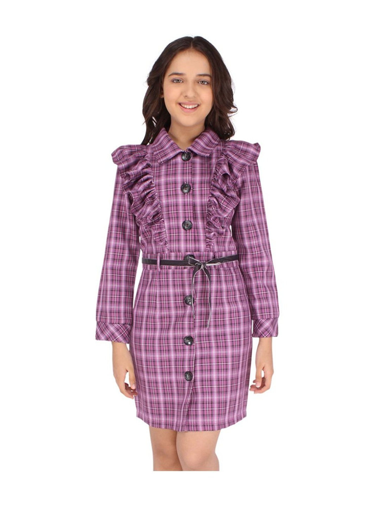 Cutecumber Kids Purple Chequered Full Sleeves Dress