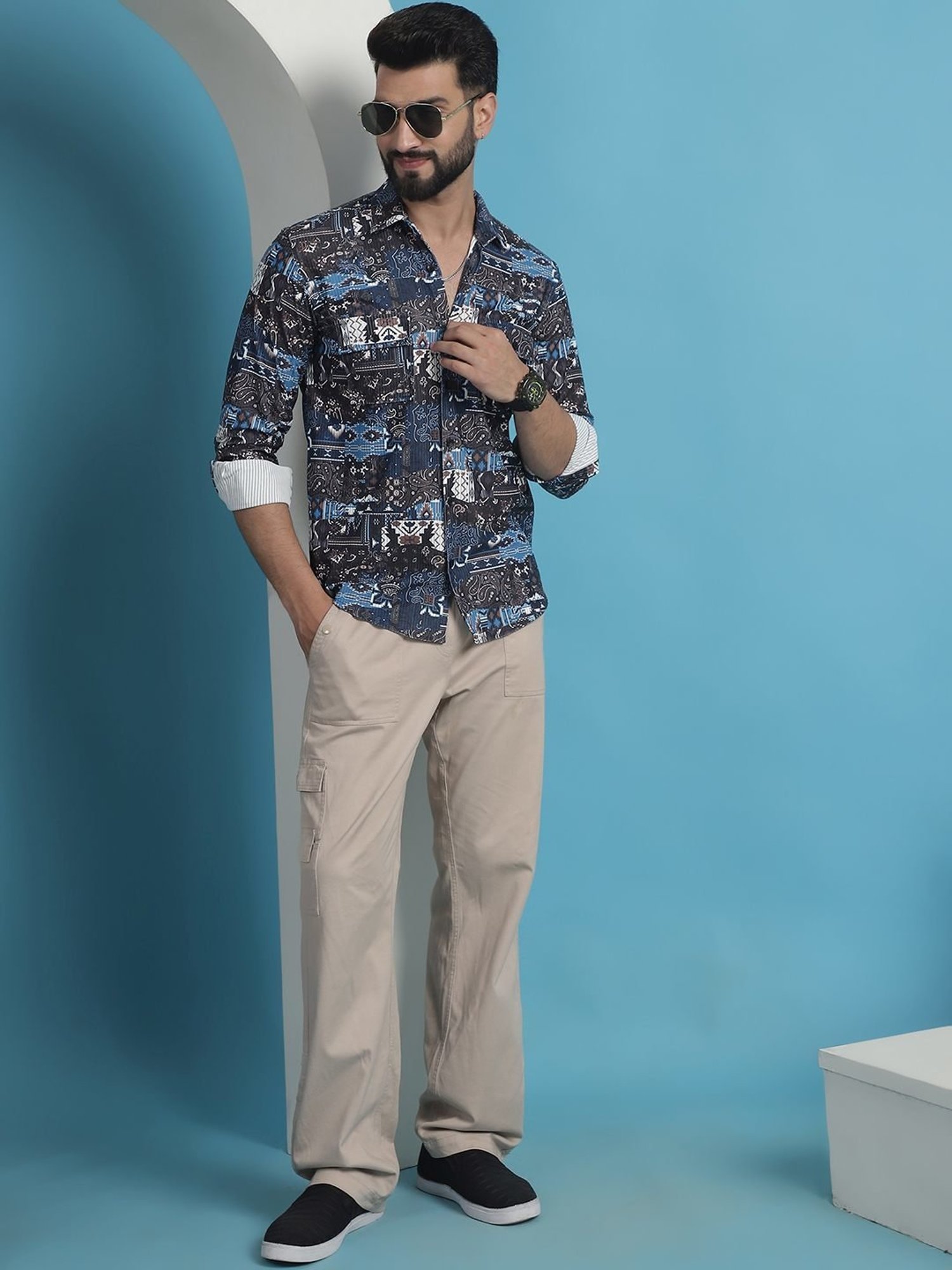 Indian Needle Navy Cotton Regular Fit Printed Shirt