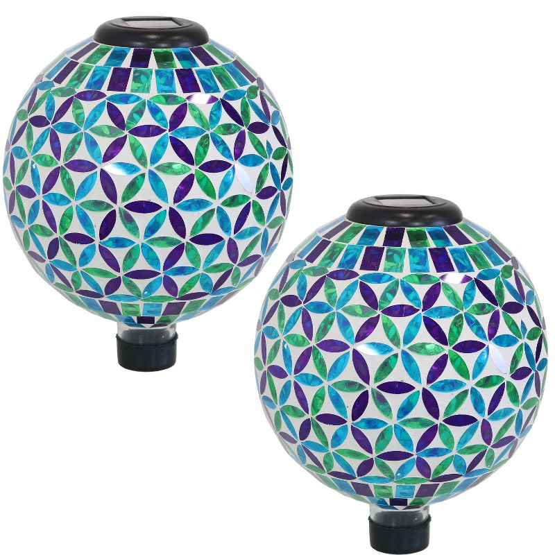 Sunnydaze Cool Blooms Design Glass Mosaic Indoor/Outdoor Gazing Globe with Solar Light - 10" Diameter - Blue and Green - 2-Pack