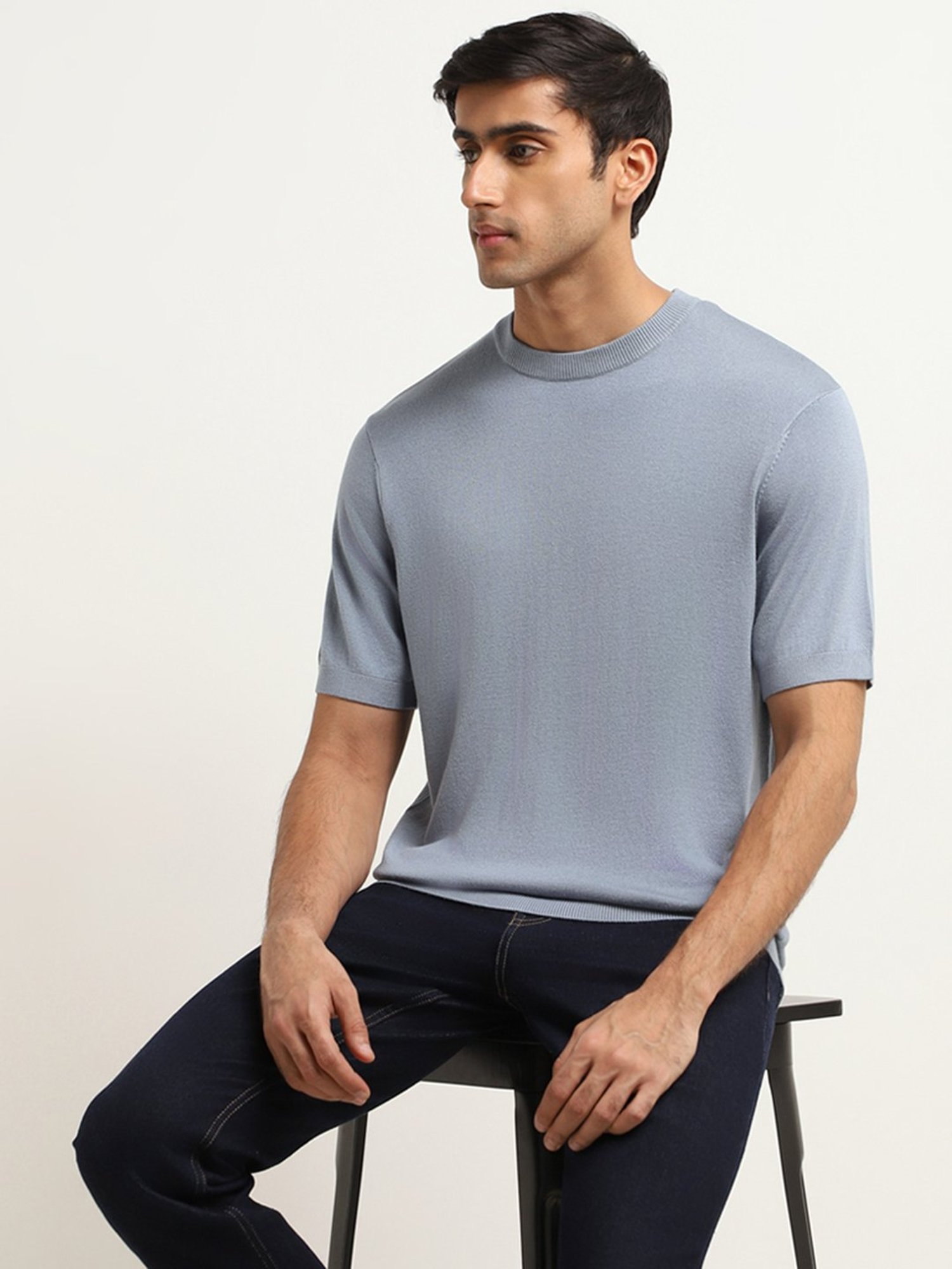 WES Formals by Westside Solid Blue Knitted Slim Fit T-Shirt