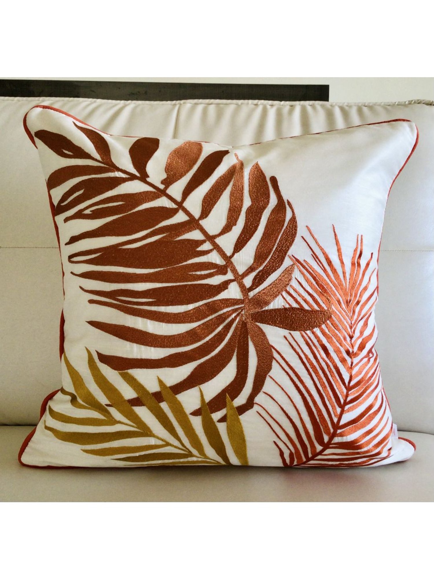 TARA Sparkling Homes Orange Embroidered Cotton Silk Cushion Cover - Set of 2