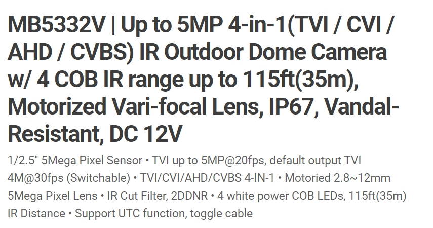 Eyemax TIV MB5332V-W HD-TVI 5MP IR Vandal DOME Camera 2.8-12mm Motorized, 4 COB IR LED 12V DC