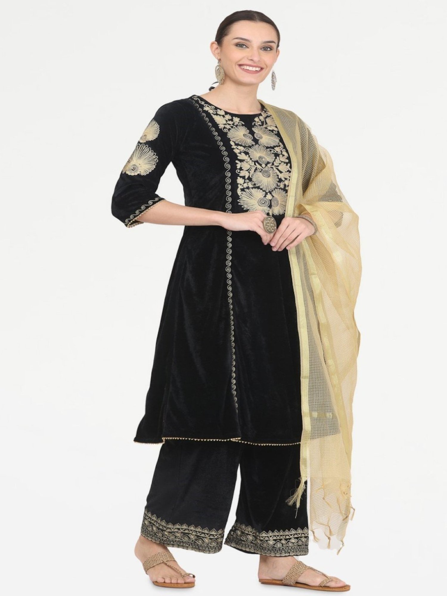 Kaanchie Nanggia Black Embroidered Kurta Palazzo with Chanderi Dupatta