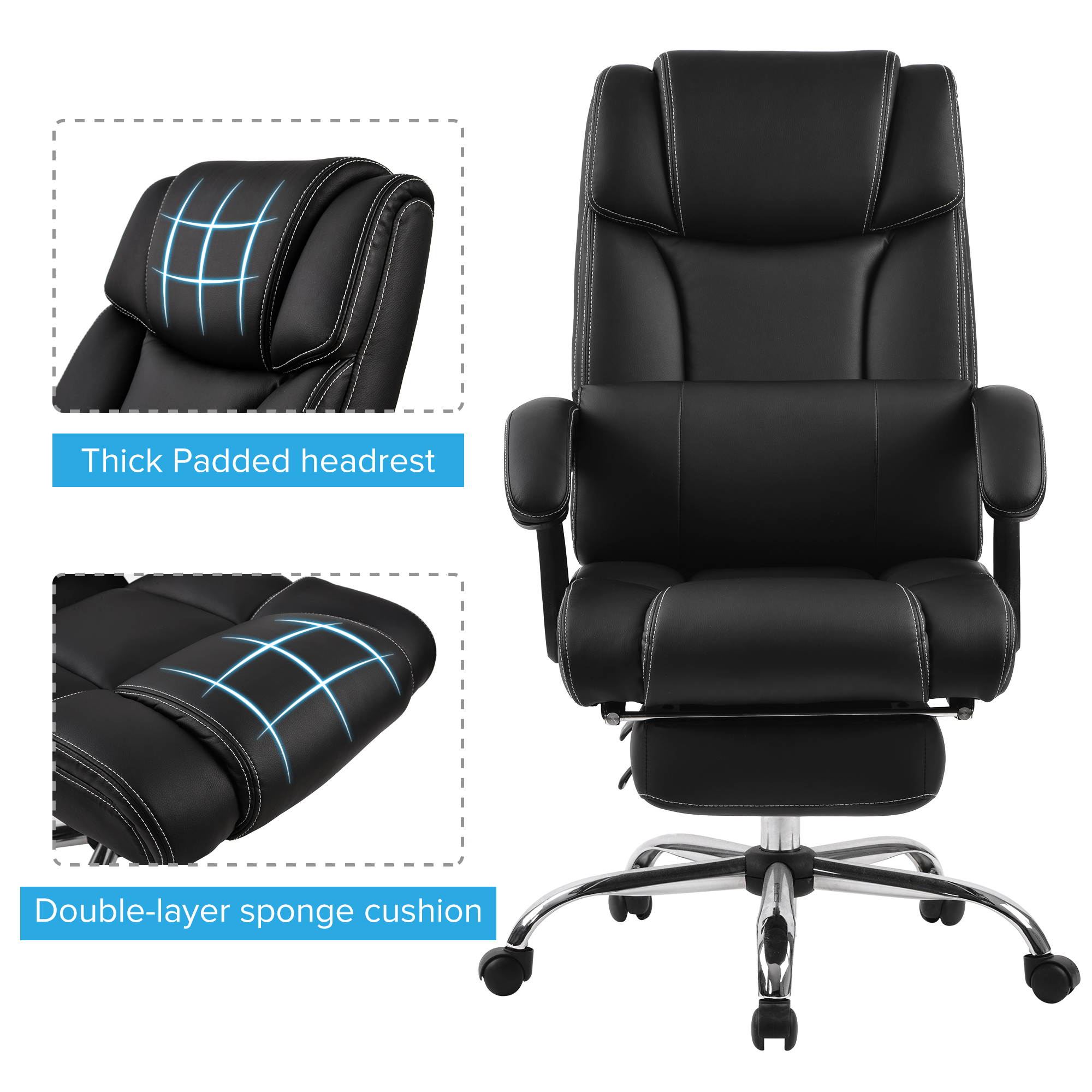 High Quality Home Office Chair PU Leather Double Padded Support Cushion and Footrest