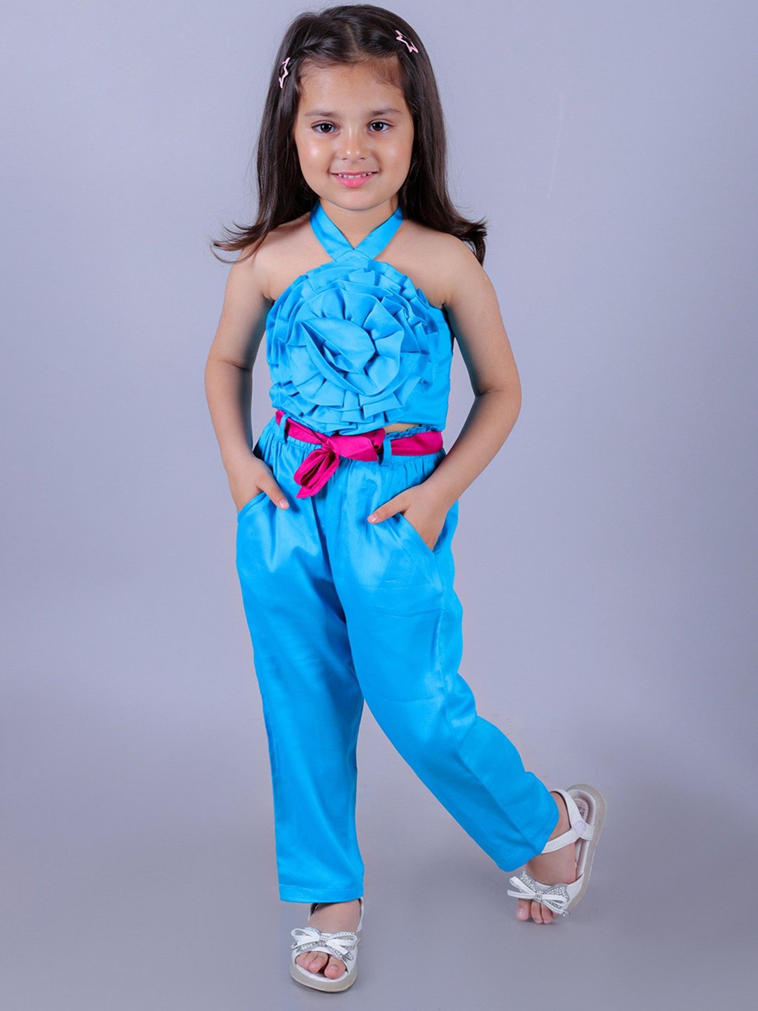Lil Drama Kids Blue Solid Top with Pants