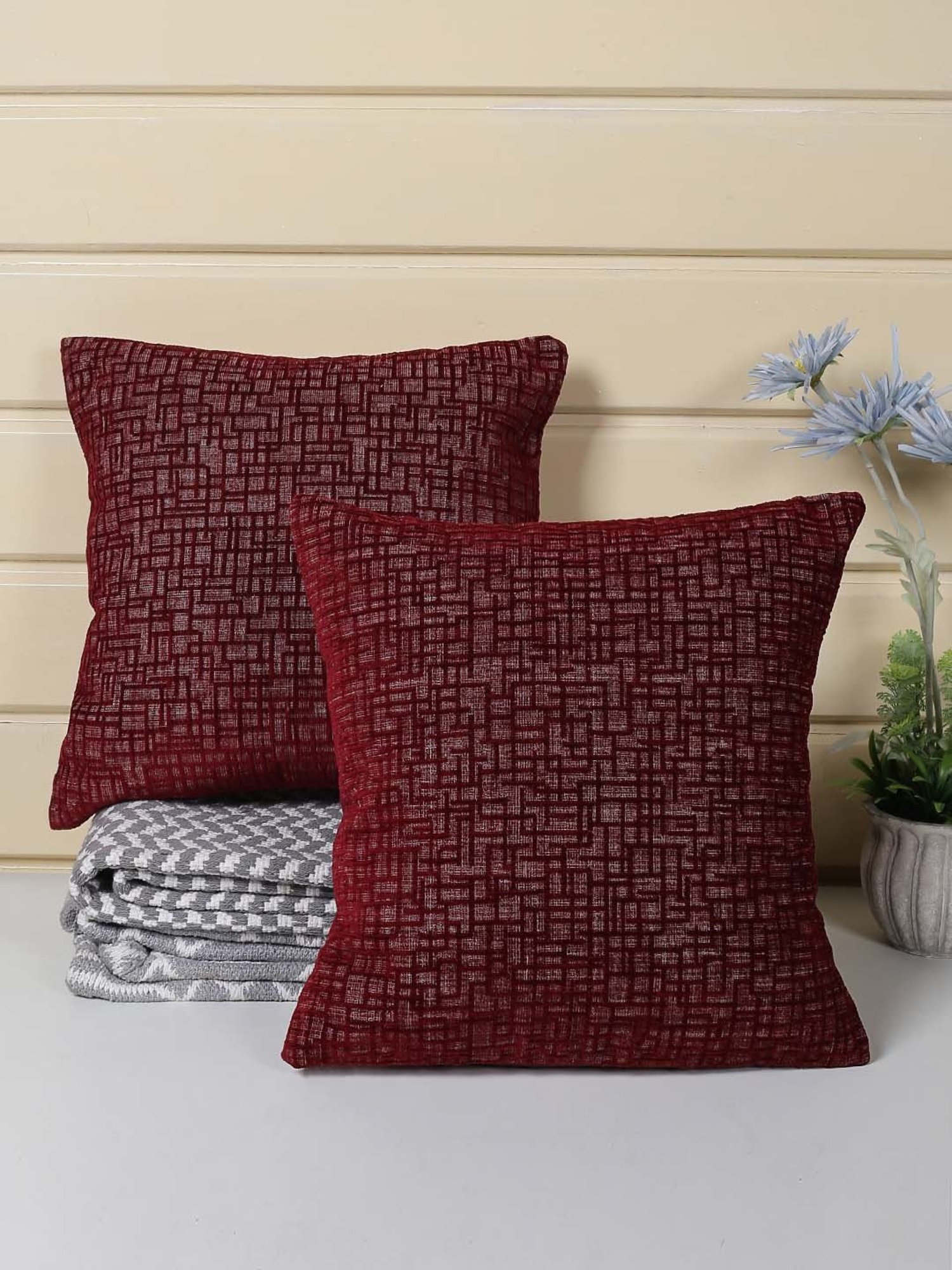 Saral Home Maroon Chenille Cushion Covers - Set of 2