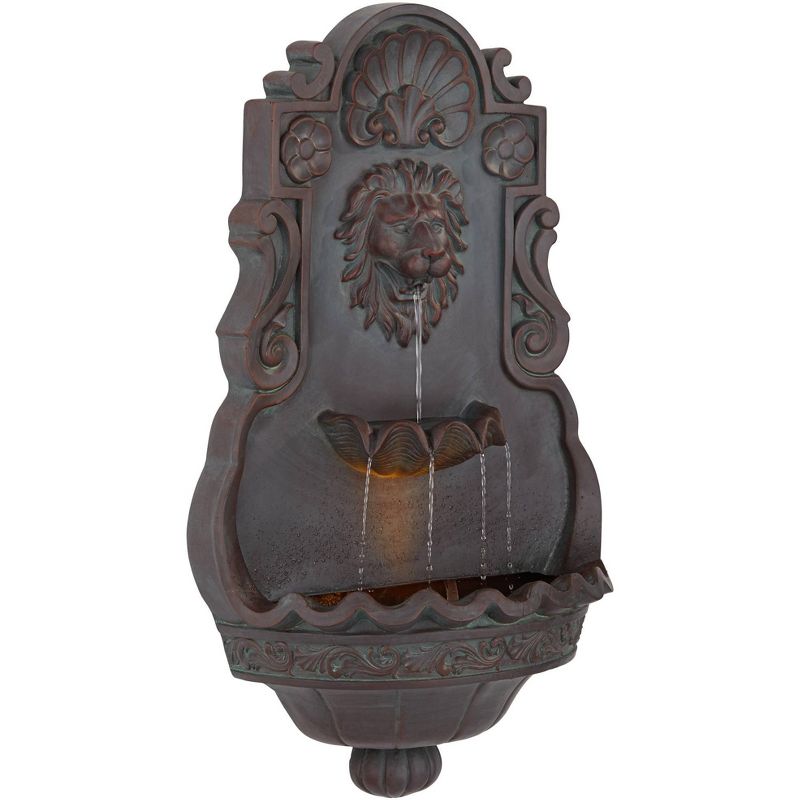 John Timberland Roman Outdoor Wall Water Fountain with Light 31 1/2" High Lion Head 2 Tiered for Yard Garden Patio Deck Home