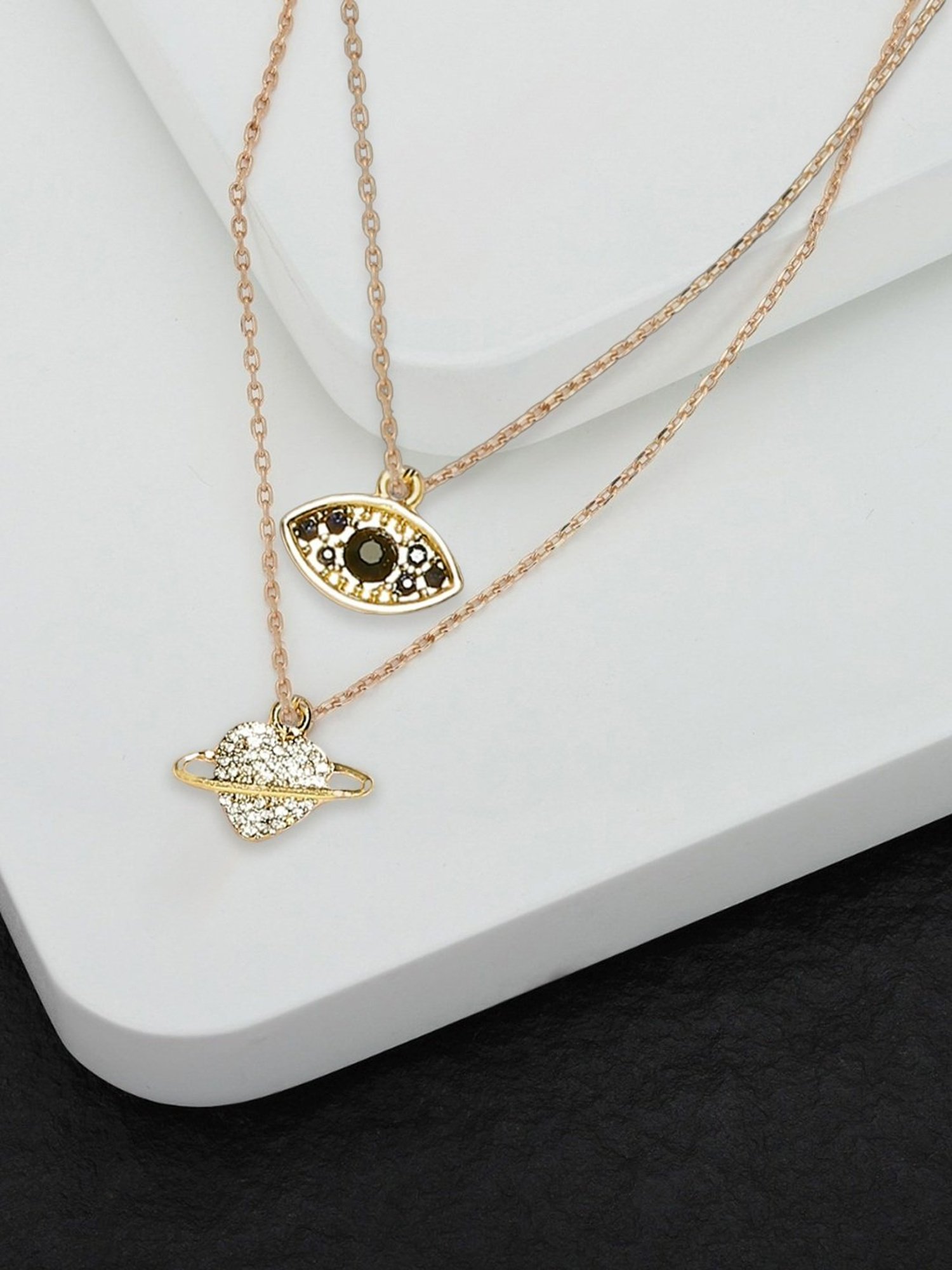 Oomph Gold Fashion Delicate Evil Eye & Heart Design Charms Anklets - Set of 2