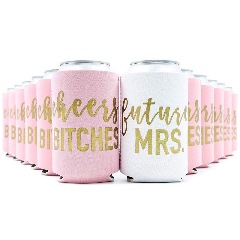 Blue Panda 12-Pack Can Cooler Sleeves Beer Koozies 12 oz Insulated Holder Gold Embroider  Fonts "Future MRS." "Cheers Bitches" for Bachelorette Party