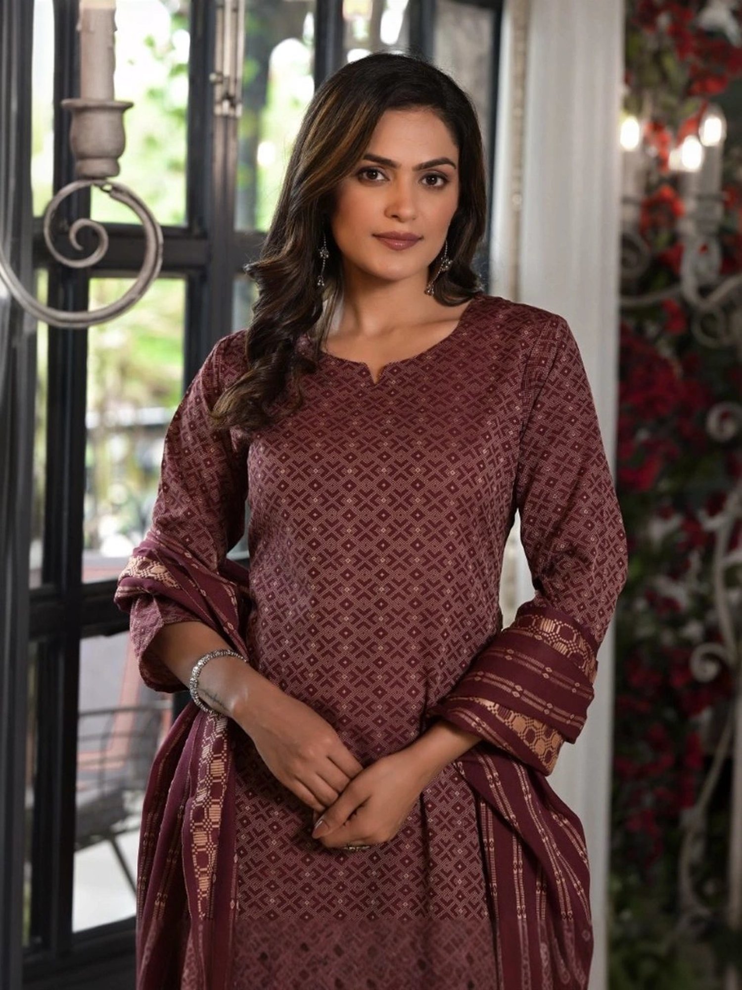 Juniper Maroon Cotton Printed Kurta Pant Set With Dupatta