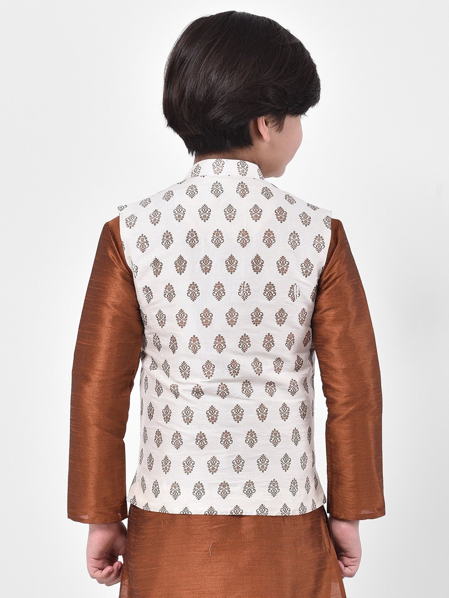 Deyann Kids Off White Printed Nehru Jacket