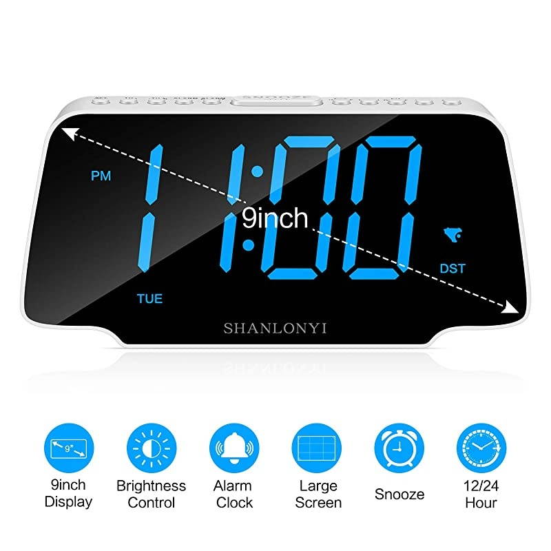 Loud Alarm Clock Radio with 9 Inch Blue LED Display for Bedroom, 3 Dimmer, Snooze, FM Radio, 12/24H, Auto DST, USB Chargers, Battery Backup for Kids, Heavy Sleepers, Elderly