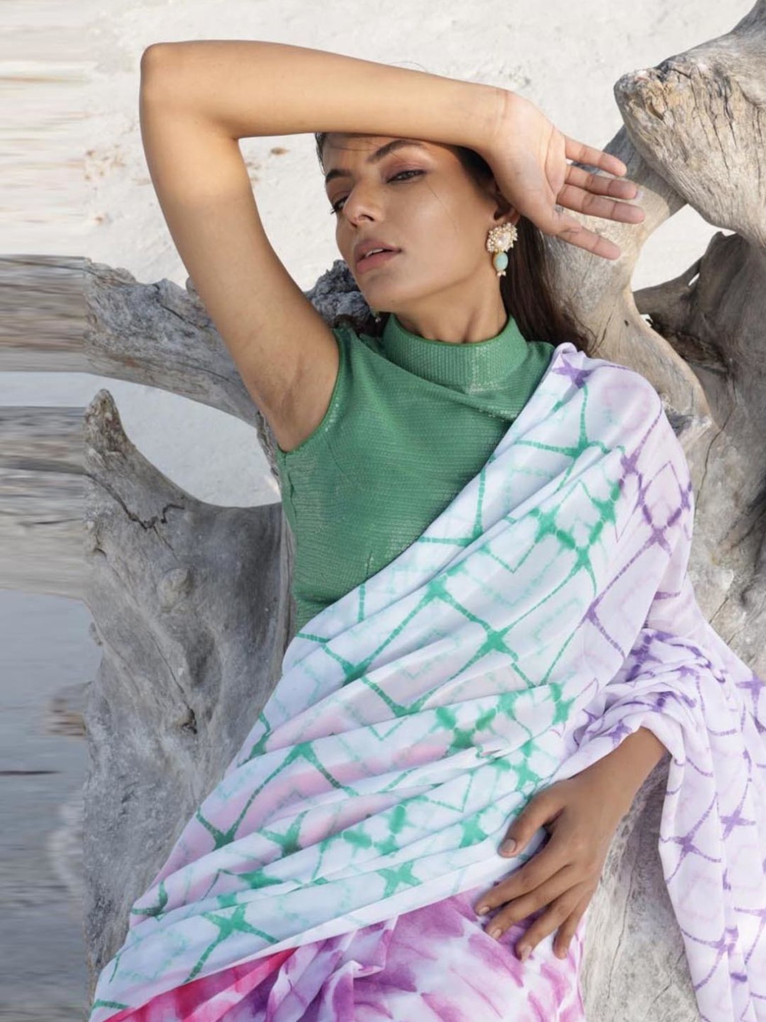 Monk and Mei Celestia Saree & Halter Neck Blouse - Green & Multi Colored