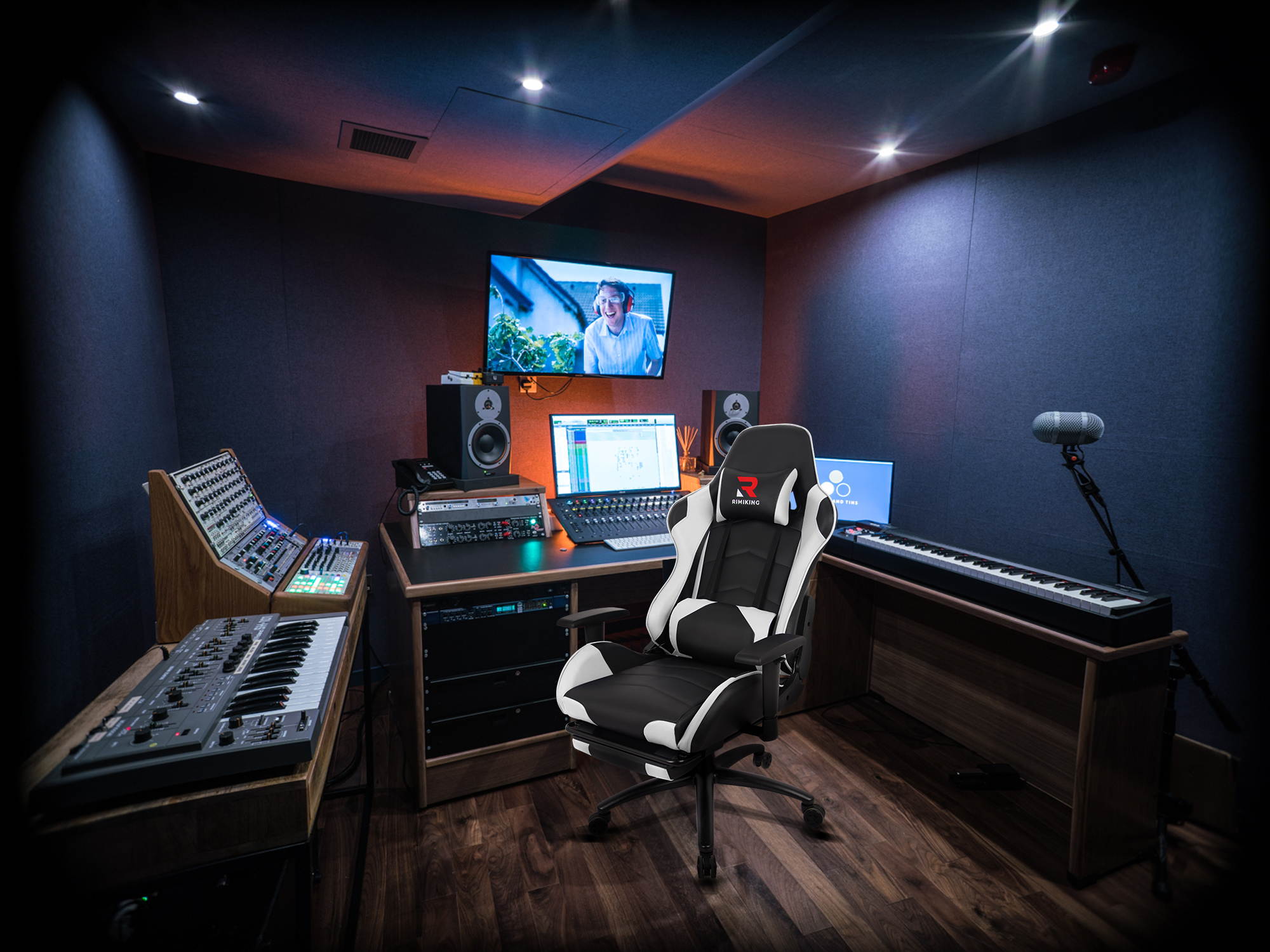 RIMIKINGMassage Gaming Chair with Retractable Footrest-Adjustable Lumbar Cushion Computer Office Racing Chair Headrest Swivel Rocking Desk Chair Ergonomic