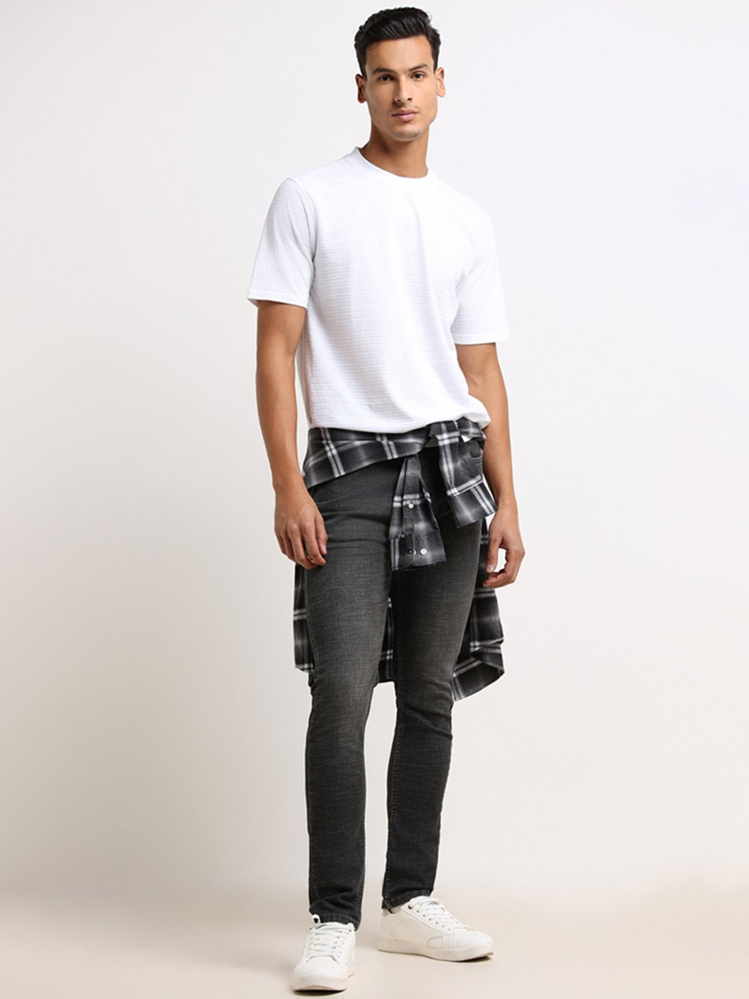 WES Lounge by Westside White Self-Striped Relaxed Fit T-Shirt