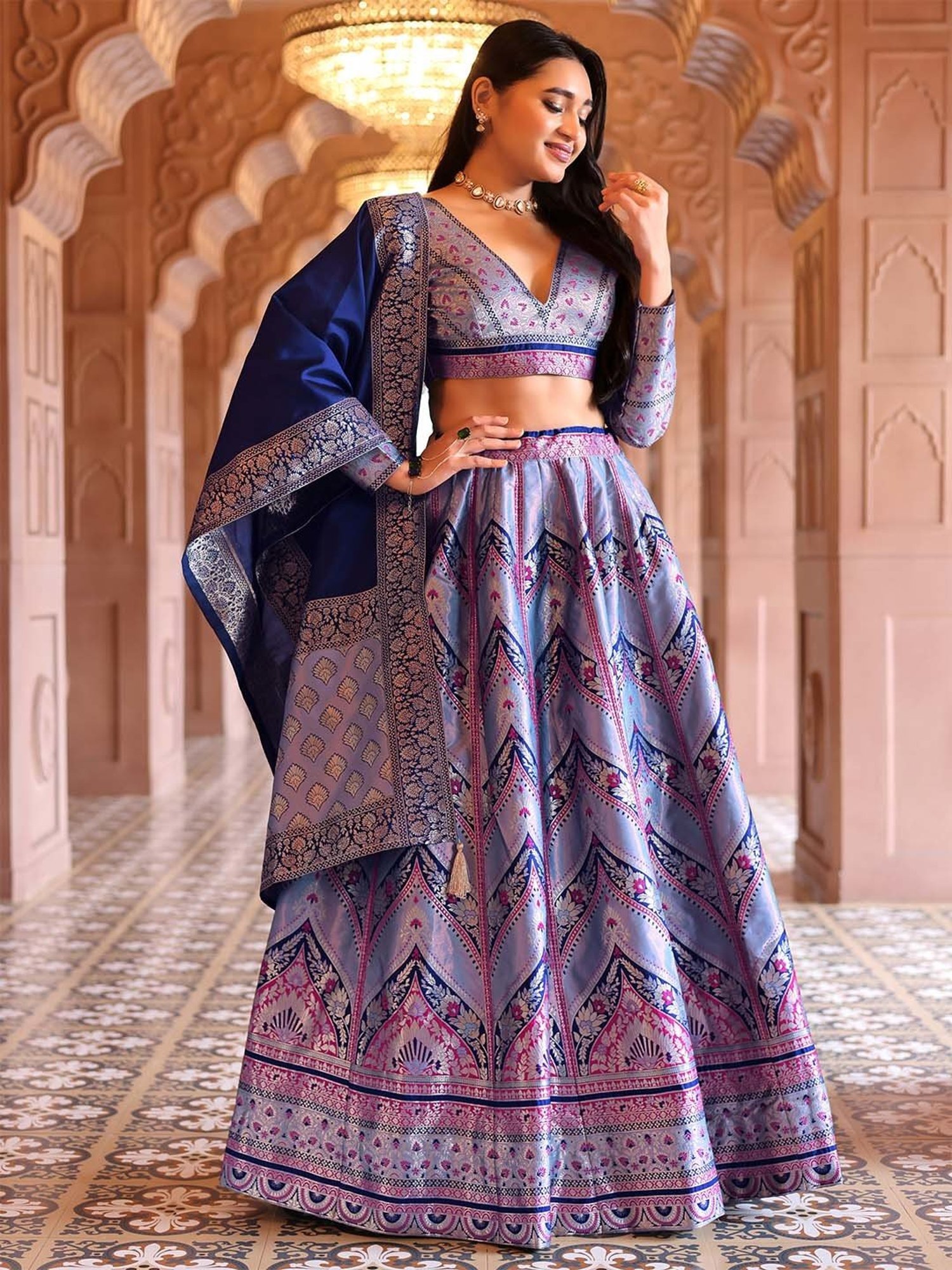 PURVAJA Blue Woven Lehenga Choli Set With Dupatta