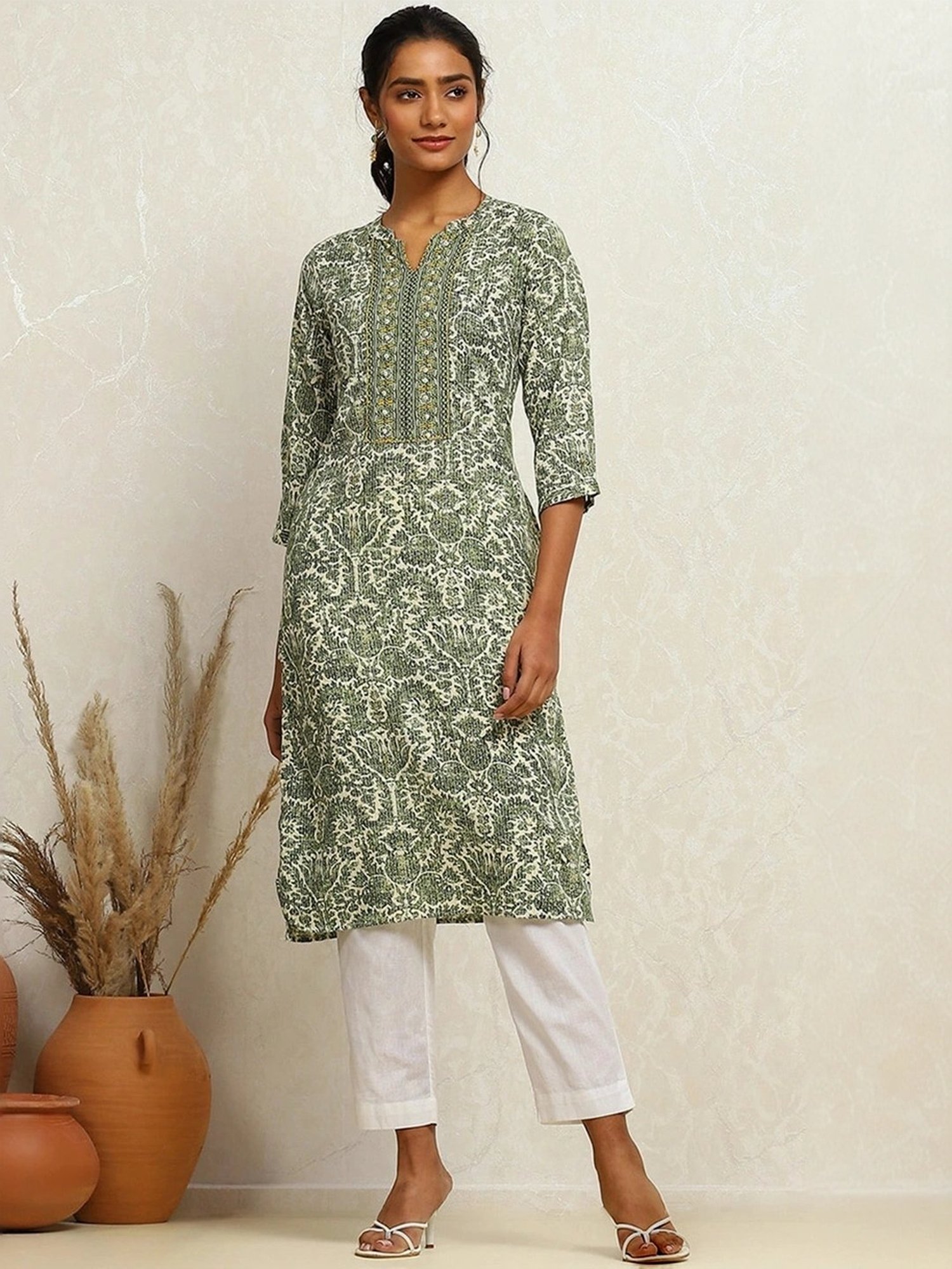 Biba Green Cotton Printed Straight Kurta