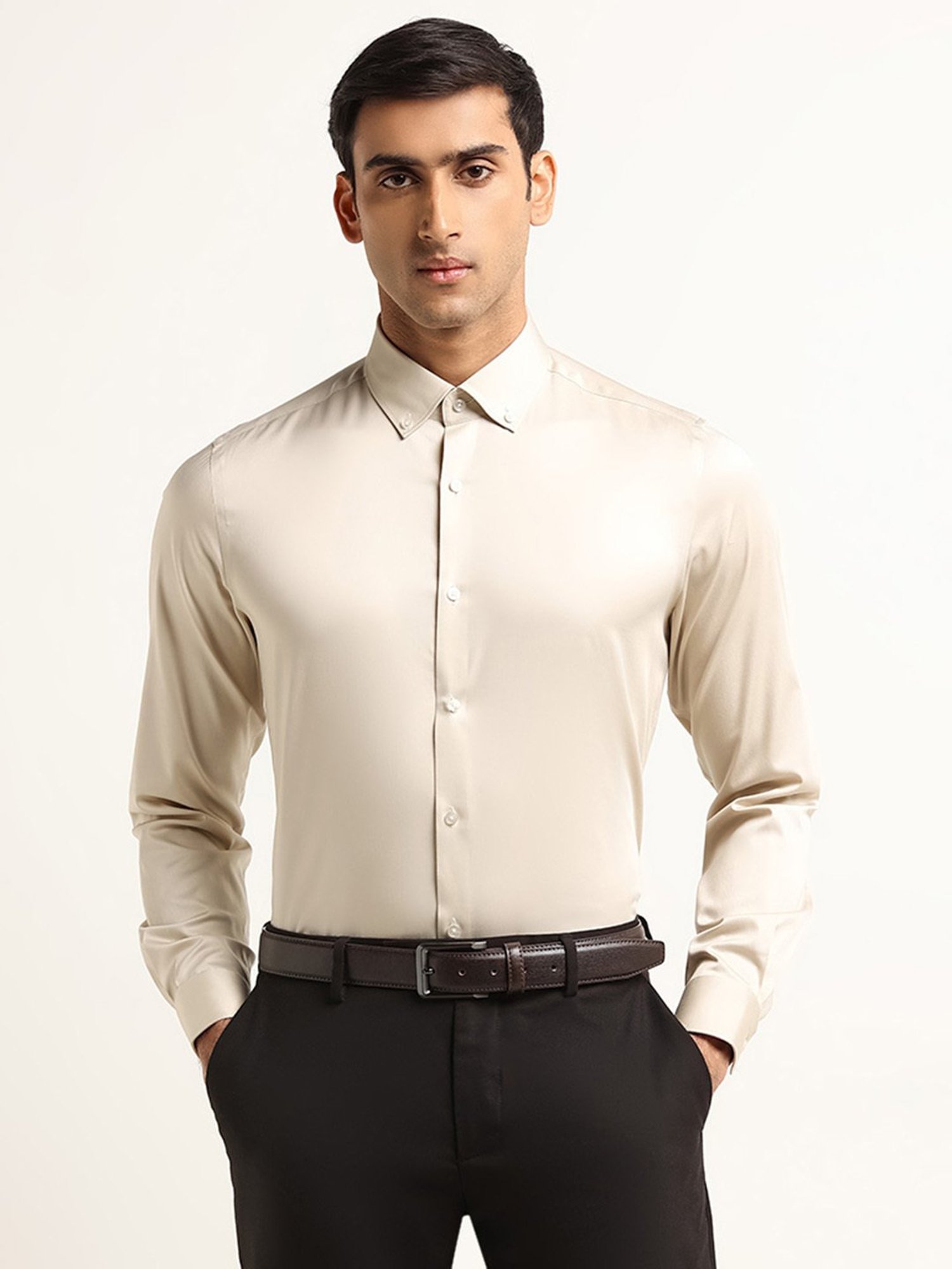 WES Formals by Westside Beige Solid Slim Fit Shirt