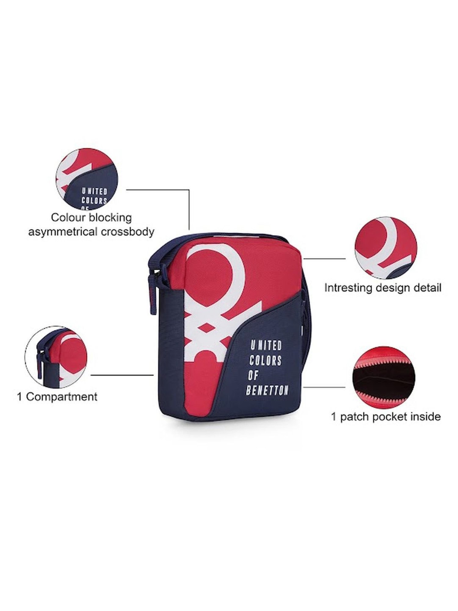 United Colors of Benetton Aquino Red & Navy Polyester Printed Cross Body Bag