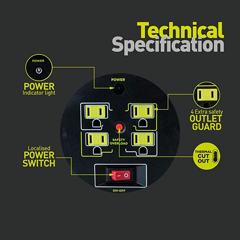 80ft Open Cord Reel with 4 120V 13 amp Integrated Outlets and Thermal Overload Breaker