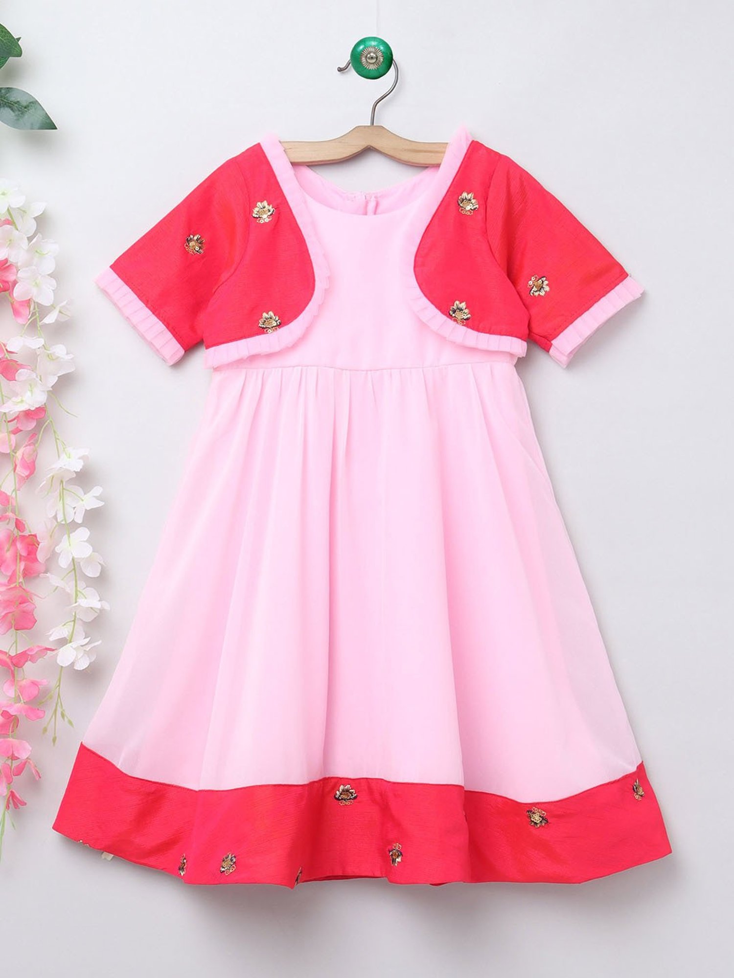 Many Frocks Kids Light Pink Embellished Gown with Shrug