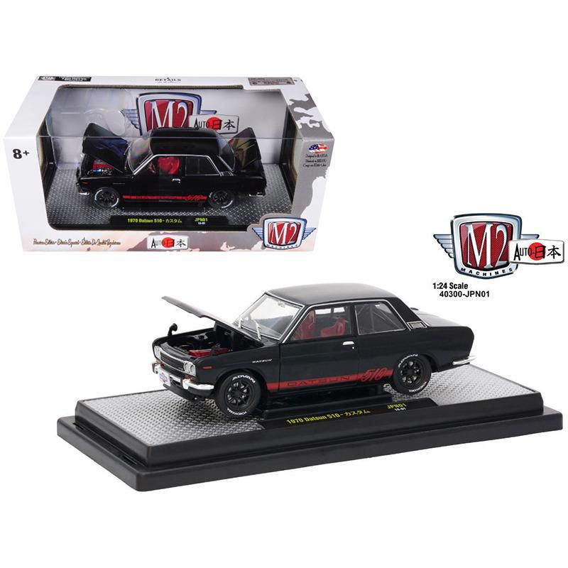 1970 Datsun 510 "Auto-Japan" Gloss Black with Bright Red Stripes 1/24 Diecast Model Car by M2 Machines