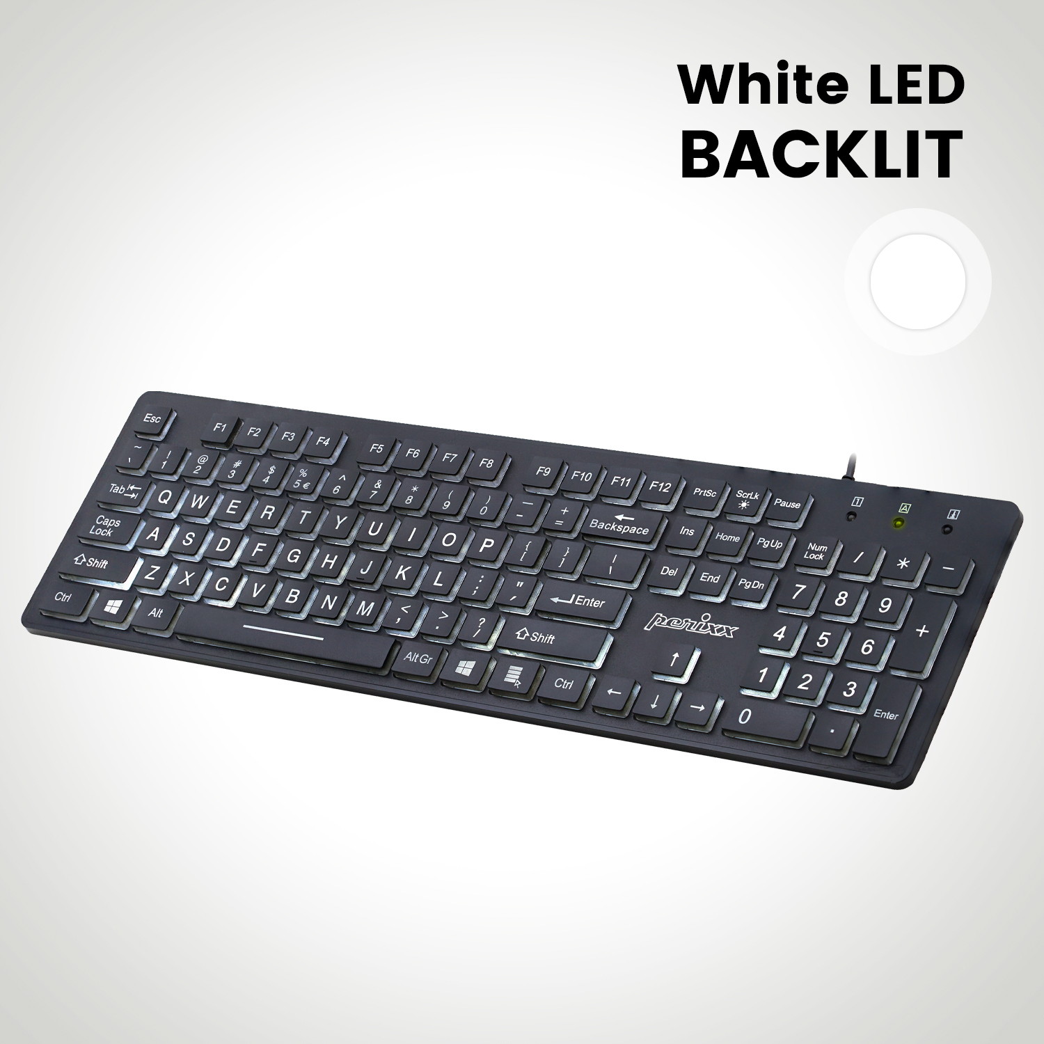 Perixx PERIBOARD-317 Wired Backlit USB Keyboard, Big Print Letter with White Illuminated LED, Standard Full Size Keyboard, Black, US Layout