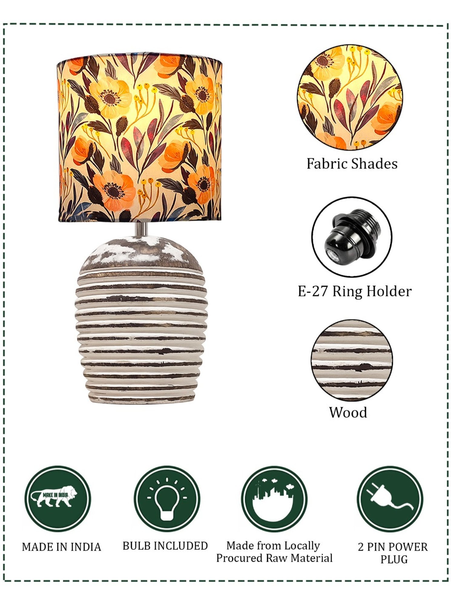 Homesake Multicolour Wood Modern Table Lamp with Shade