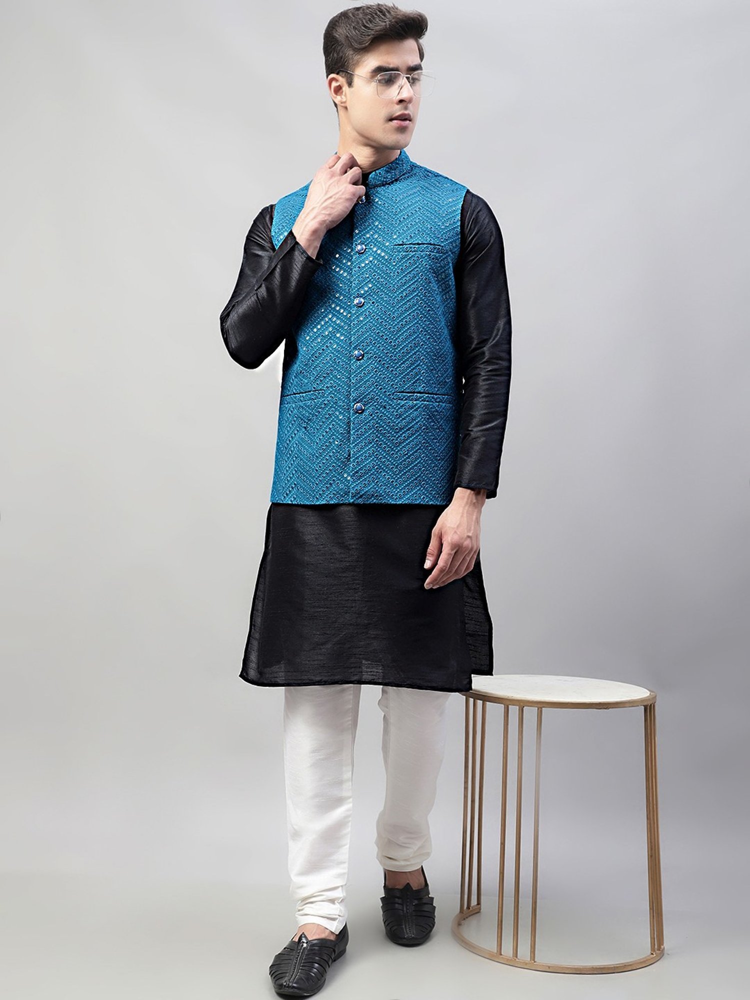 Jompers Peacock Blue Regular Fit Embroidered Nehru Jacket