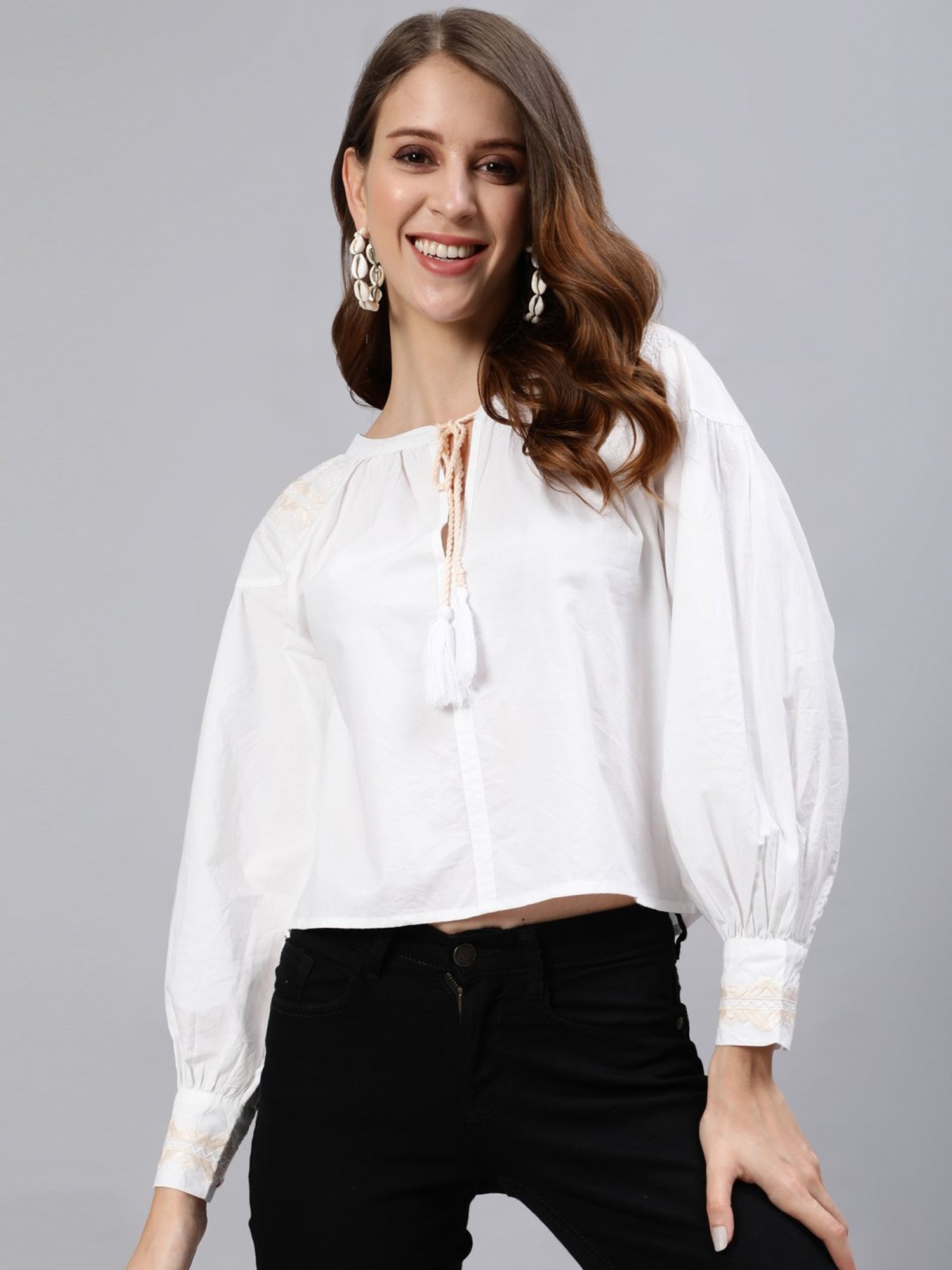 Ishin White Pure Cotton Embroidered Top