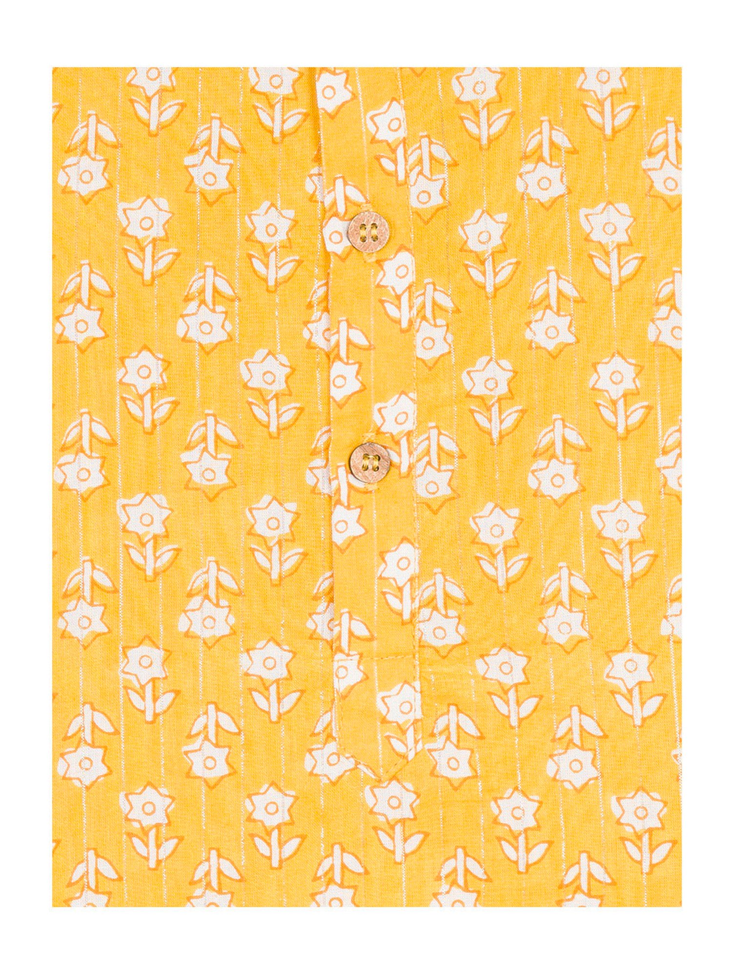 Budding Bees Kids Yellow & White Floral Print Full Sleeves Kurta, Pants with Mask