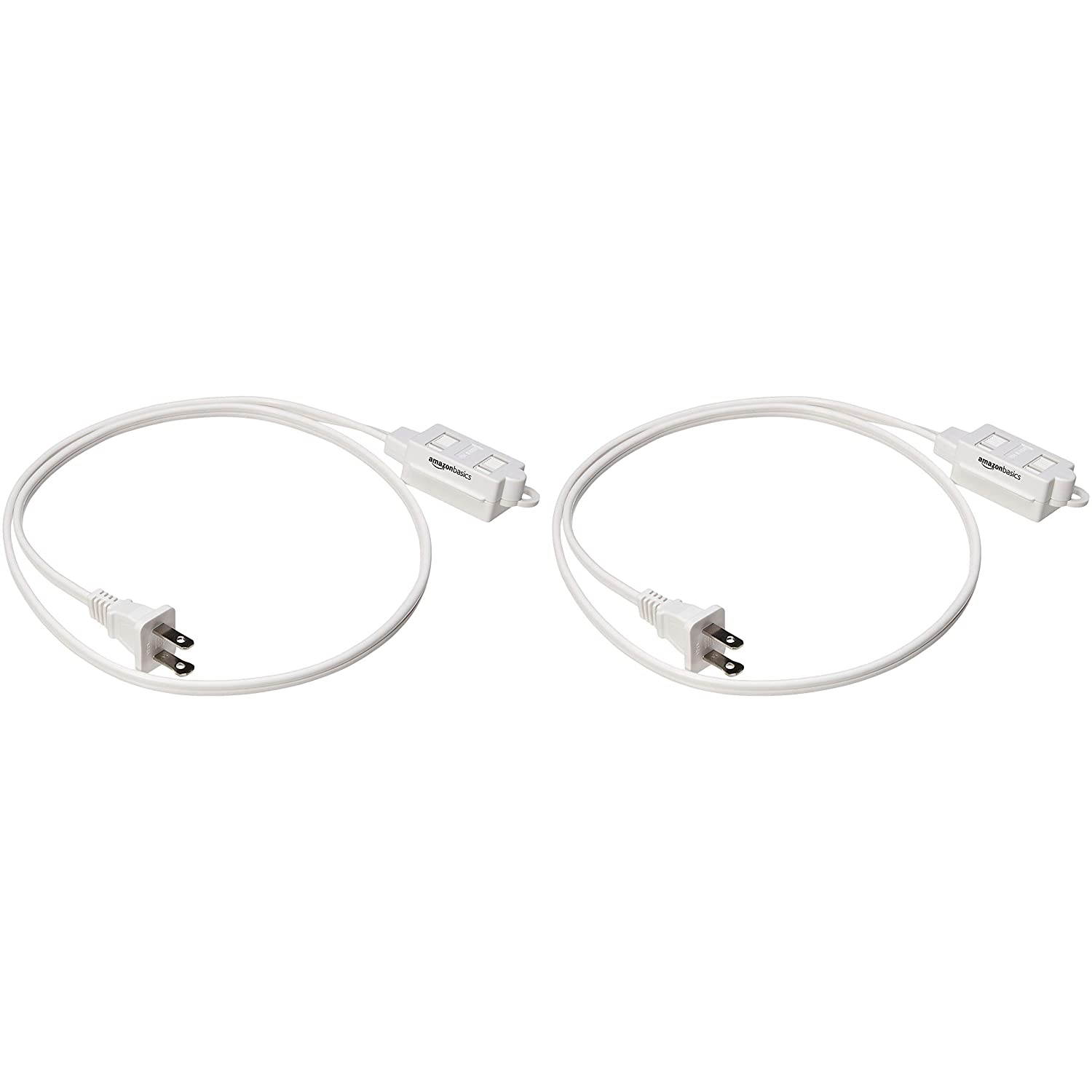 AmazonBasics Indoor 2 Prong Extension Power Cord Strip - Standard Plug, 3 Foot, Pack of 2, White