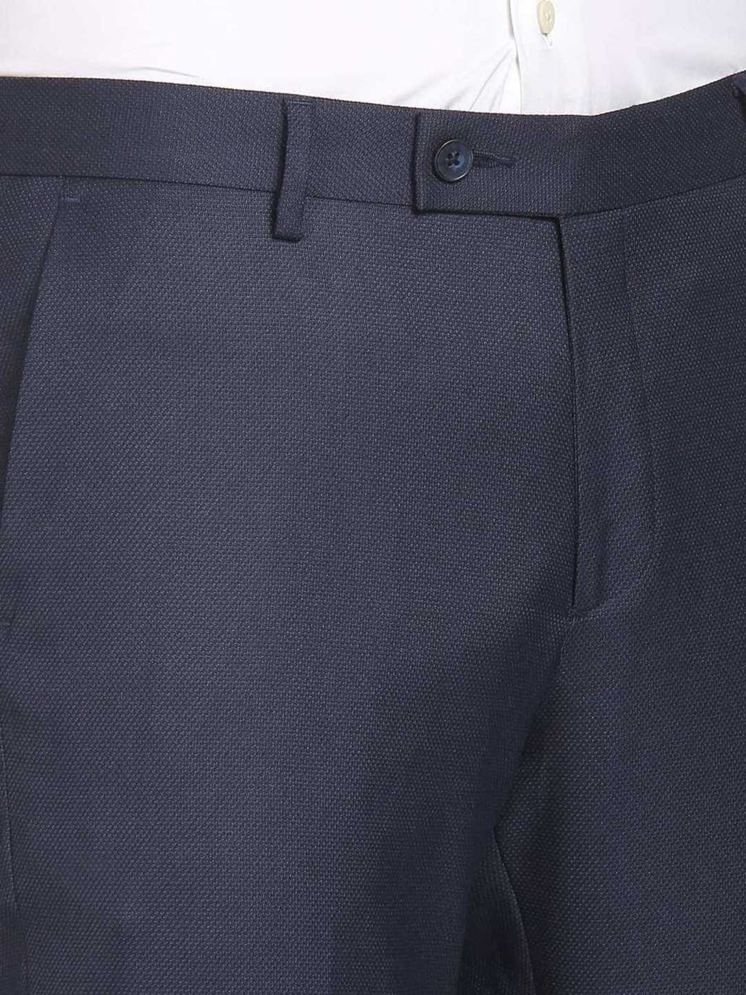Arrow Navy Blue Regular Fit Texture Trousers