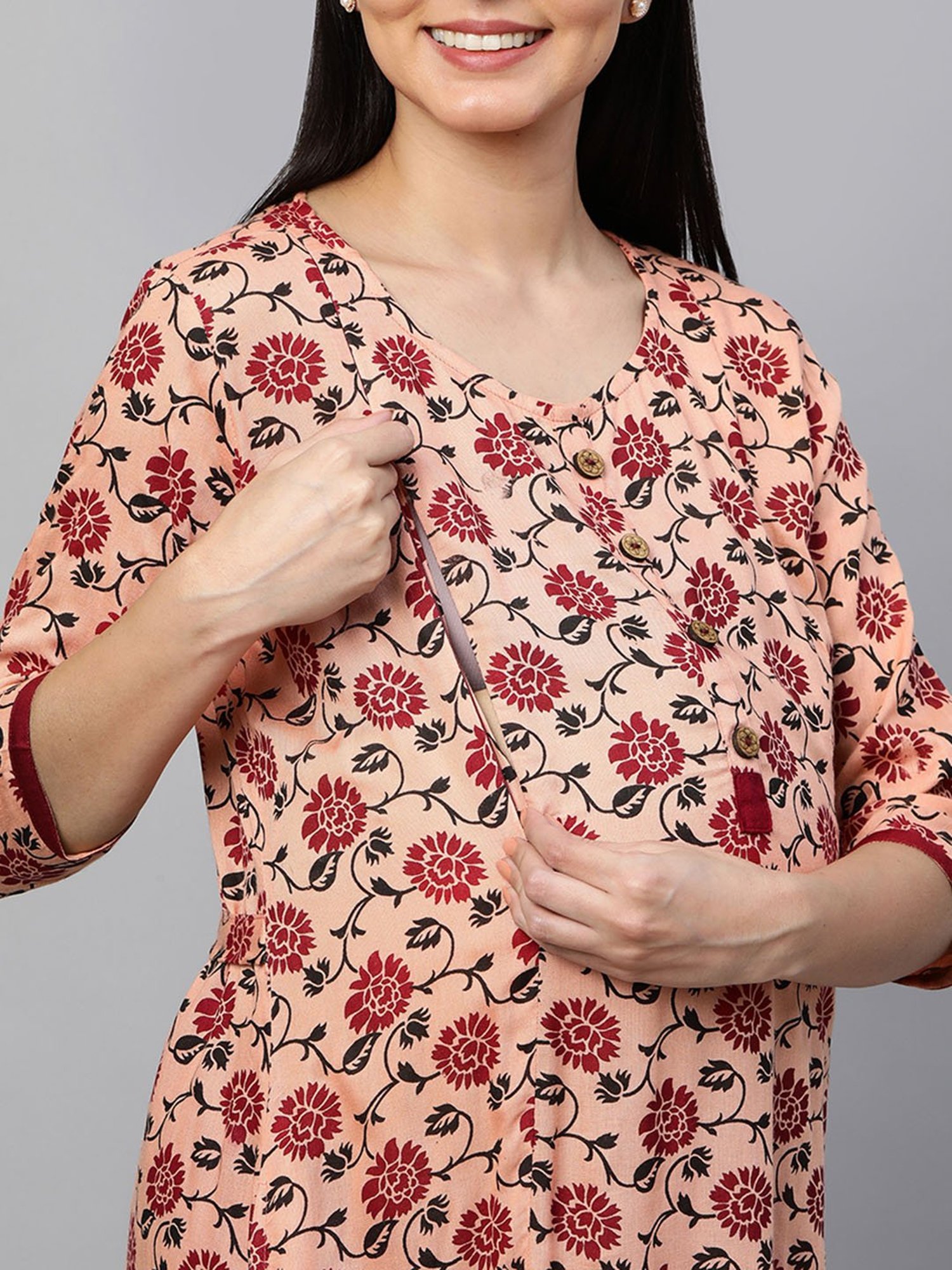 MomToBe Peach Floral Print Maternity Kurta