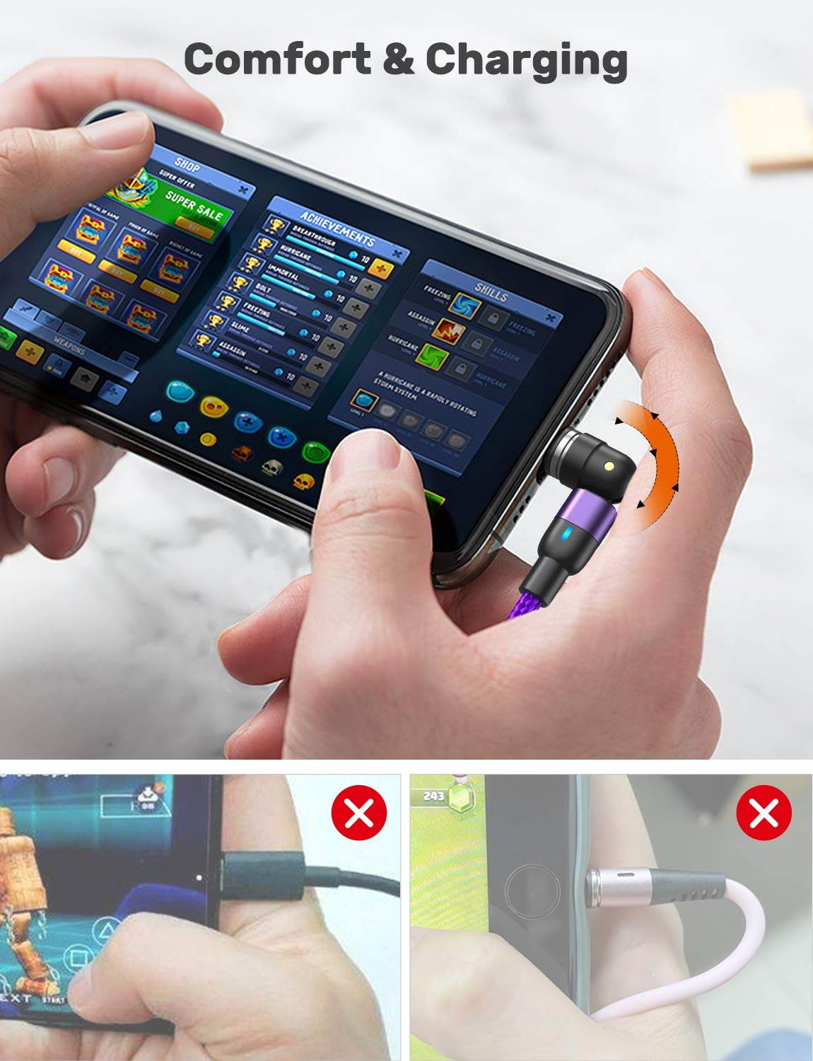 540 Degree Magnetic Charging Cable (3Pack-6.6ft/6.6ft/6.6ft) AUFU Magnetic Phone Charger USB Magnetic Cable 3A Fast Charging Data Sync Nylon Braided USB Cord Cable for Micro USB Type C iProduct